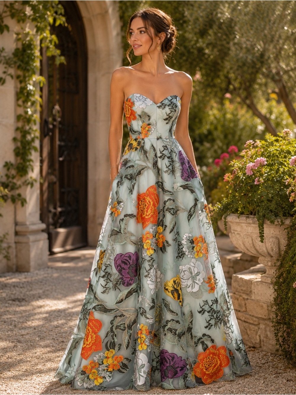 Dress the Population Destinee Embroidered Strapless Maxi Gown NWT XXS